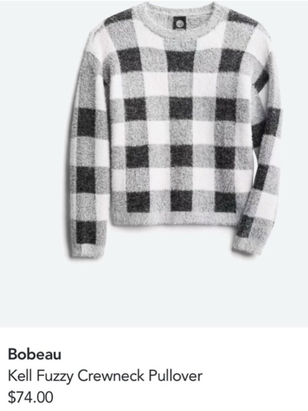 Bobeau Kell Fuzzy Buffalo Plaid Crewneck Sweater Black White Size L